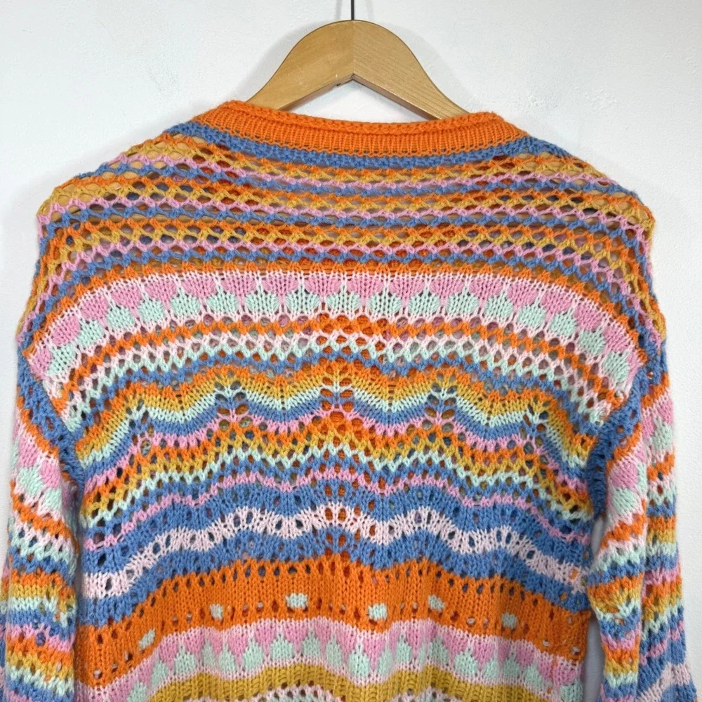 Rainbow Crochet Knit‎ Cardigan Orange Blue Chevron Boho Festival Summer Sz S / M